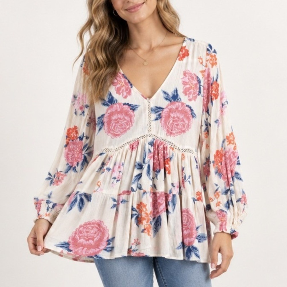 Boho Floral Babydoll Blouse Womens M Long Sleeve Peasant Cottagecore Angie